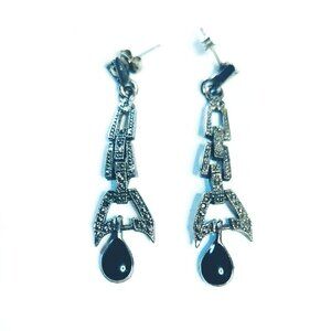 Vintage Art Deco Style Black & Silver-Tone Dangle Earrings
